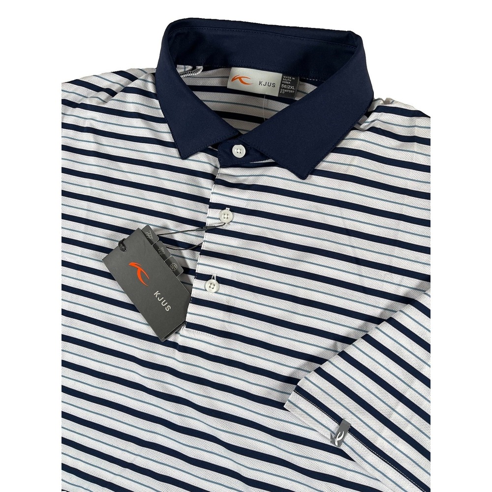 KJUS Luis Multi Stripe White Blue Golf Polo Shirt Comfort Fit Men's XXL 56 NWT